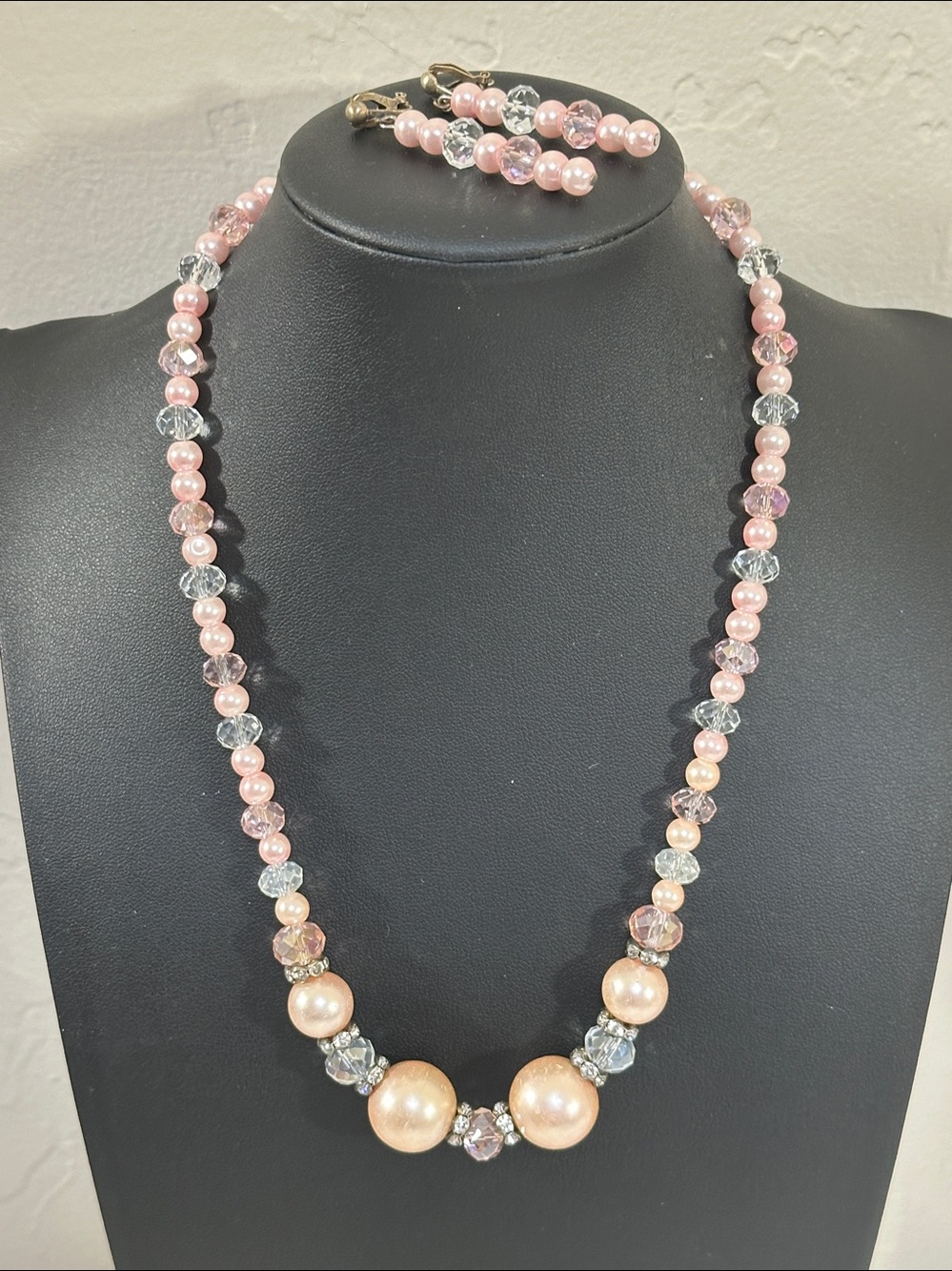 Clear & Pink Faceted Crystal Dyed Pink Metallic Pearl Necklace Clip Earring Set